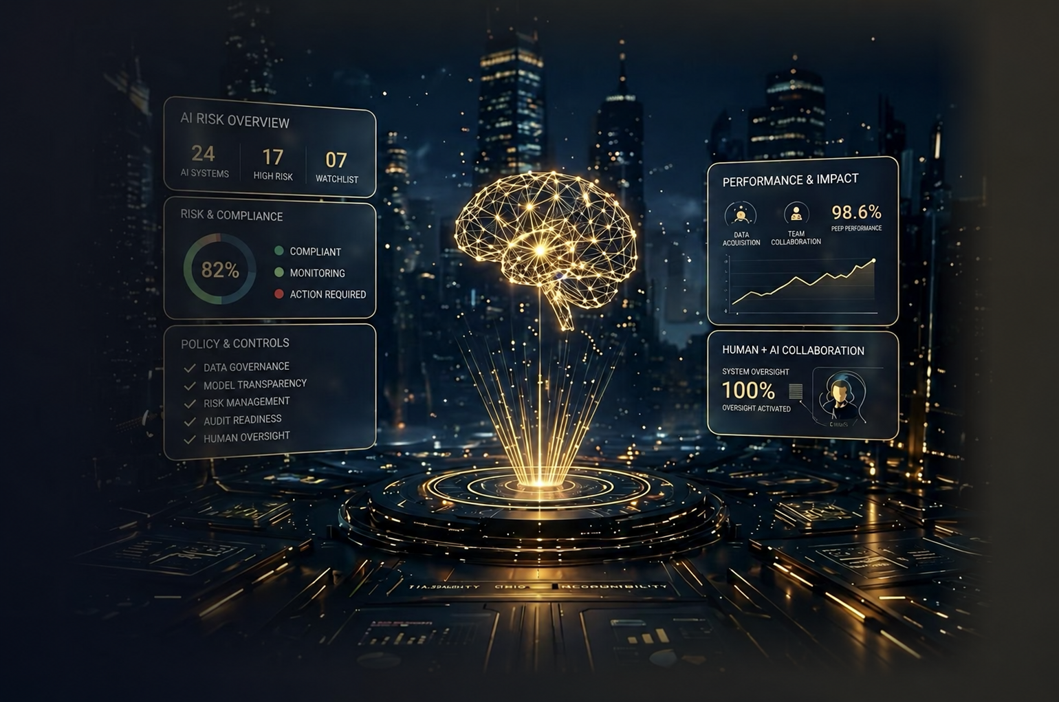 AI decision review dashboard showing a glowing brain surrounded by risk overview, compliance, policy controls and performance impact panels